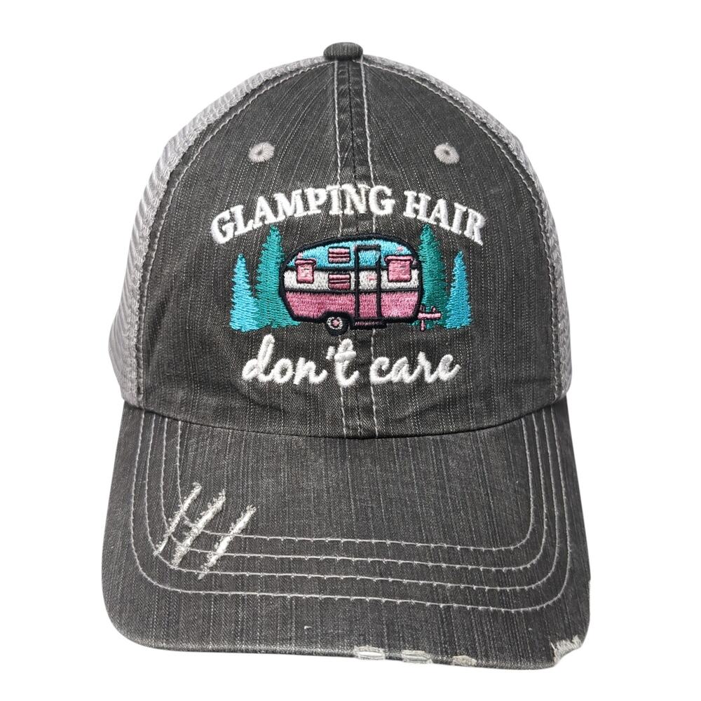 Glamping Hair Don't Care Strapback Trucker Hat Gray OS Distressed Mesh Back Ha